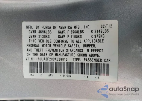 2012 Acura Tl 3.5 from USA, damaged, VIN 19UUA8F20CA028015